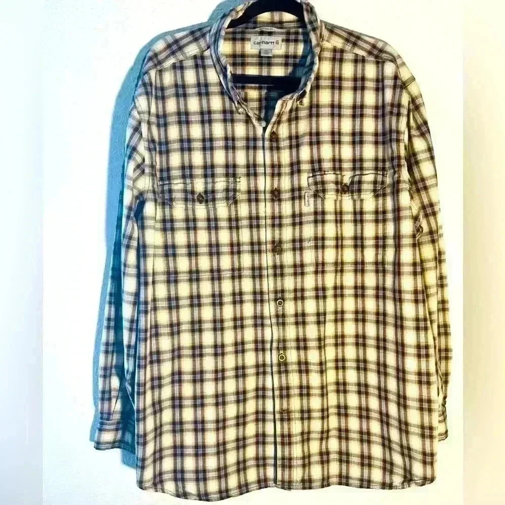 Men’s Carhartt Plaid Button Down Shirt Size 2XL 100% Cotton Brown & Tan